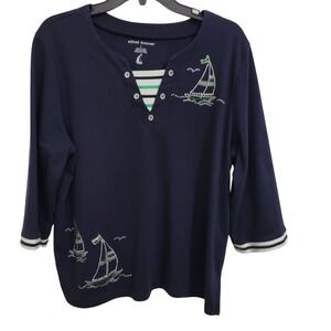 Alfred Dunner Women's Navy Blue Long Sleeve Shirt with Rhinestone Sailboats Sz L